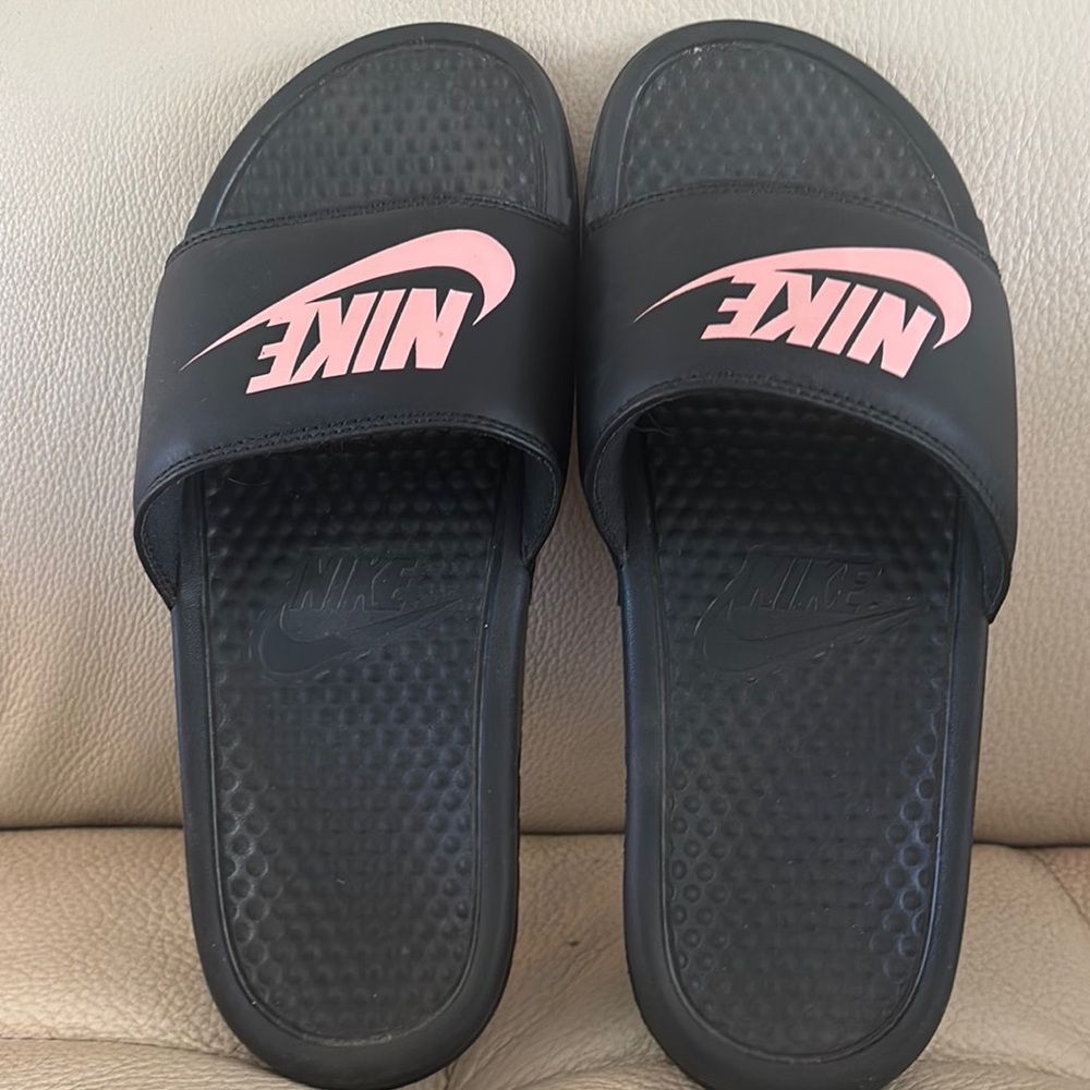 Nike Black Slides with Pink Logo